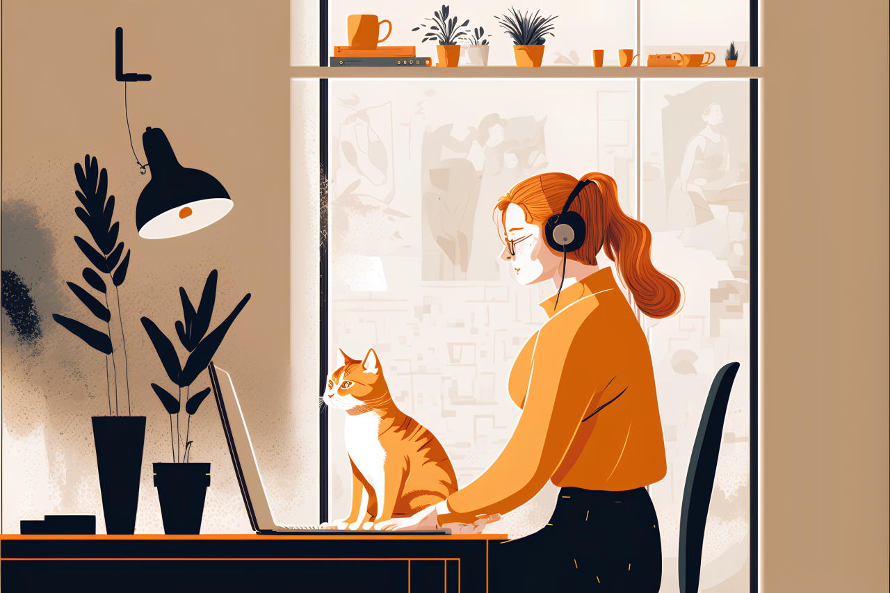 Мультяшная картинка, на которой изображена рыжая девушка и рыжий кот за ноутбуком, которые ищут способы заработать деньги